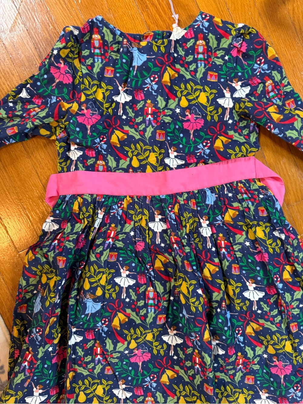 Mini Boden Navy Nutcracker & Ballerina Print Dress with Pink Sash